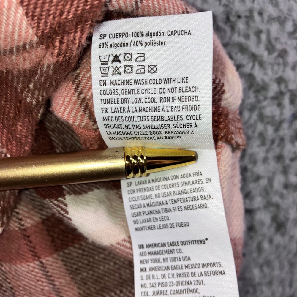 American Eagle Hooded Flannel Shirt Women Small Brown Pink Button Up Y2K Shacket - Picture 8 of 10